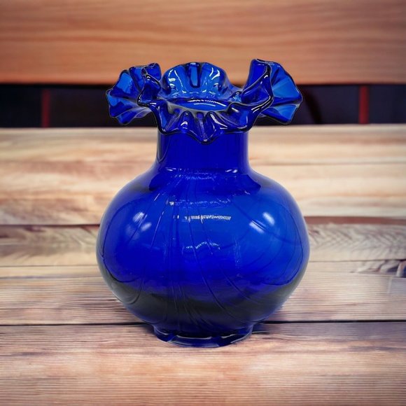 Exquisite Cobalt Blue Ruffle Top Draped Pattern Art Glass Bass